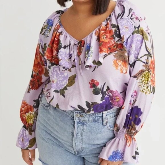 H&M lilac and floral tie v-neck elastic long sleeve top size XL - Picture 13 of 13